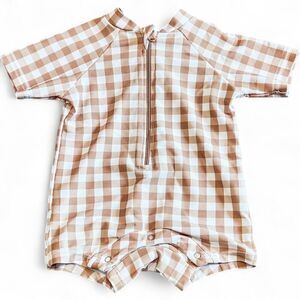 Mebie Baby Brown White Short Sleeve Gingham One Piece Rashguard Swimsuit 3-6M